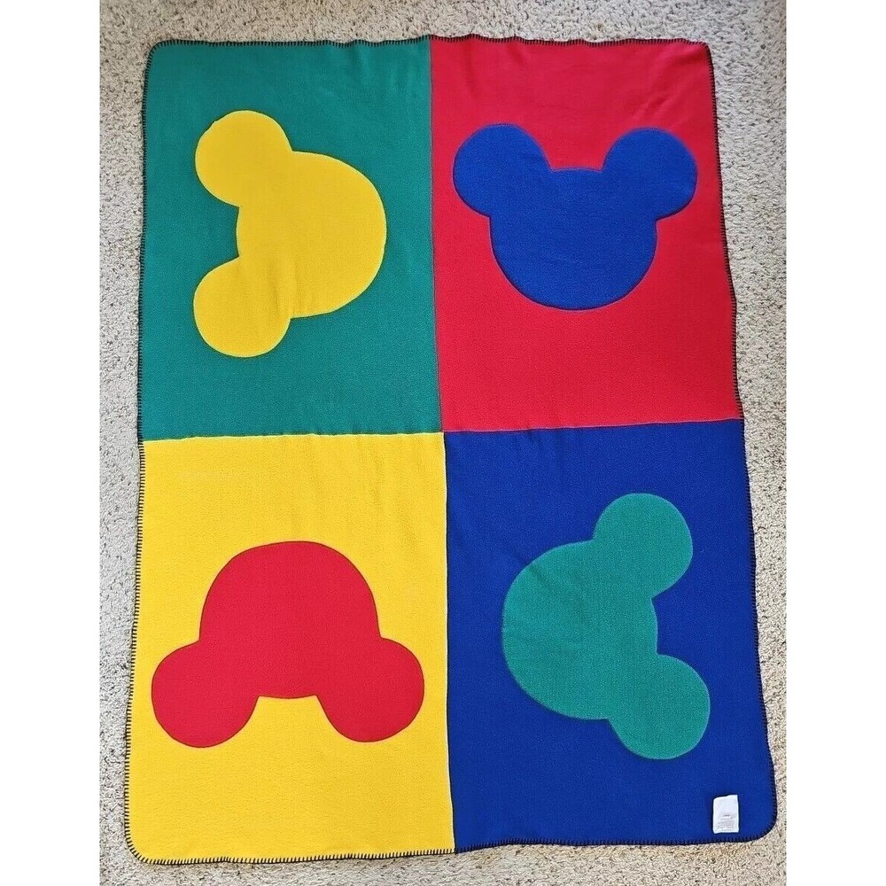 Vtg Y2K Disney Mickey Fleece Car Travel Blanket Mouse Ears Icon Primary Colors